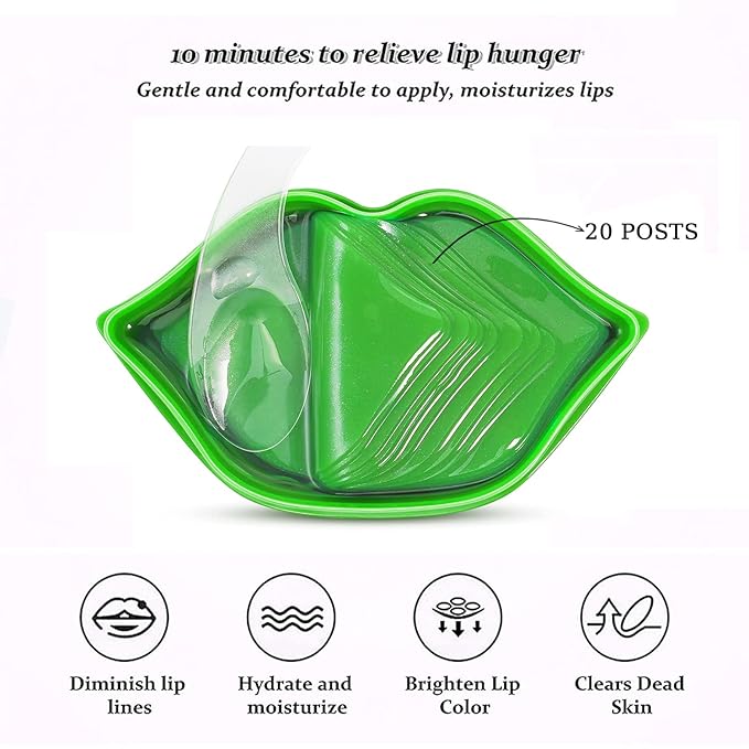 Charm Kiss 20Pcs Moisturizing Lip Mask, Lip Sleep Mask Reduces Lip Lines and Restores Moisture, Lip Mask Effectively Nourishes the Lip Skin, Gel Treatment Lip Masks Plumping Lips Mask Lip Care Products (Green)