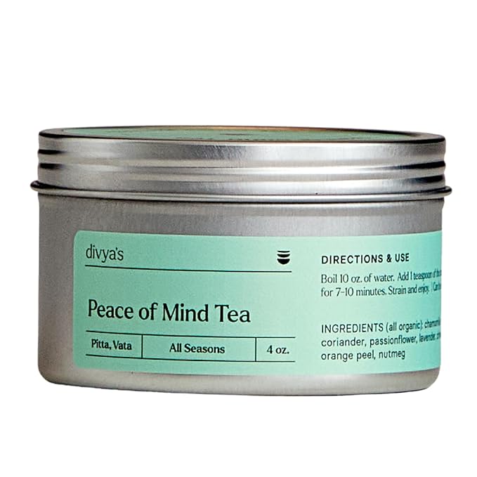 Divya's Calming Peace of Mind Tea, Ayurvedic Herbal Tea with Chamomile, Passion Flower, Lavender, Calming Herbs to Unwind & Relax, Caffeine Free, Organic, Non-GMO, Ayurvedic, Loose Leaf Tea