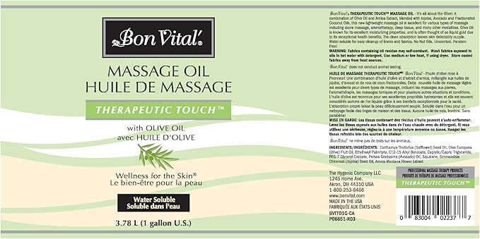 Bon Vital' Therapeutic Touch Massage Oil with Olive Oil to Repair Dry Skin & Soothe Sore Muscles, Lightweight Oil Perfect for Any Massage to Hydrate and Nourish Dry, Rough Skin, 1 Gal, Label may Vary