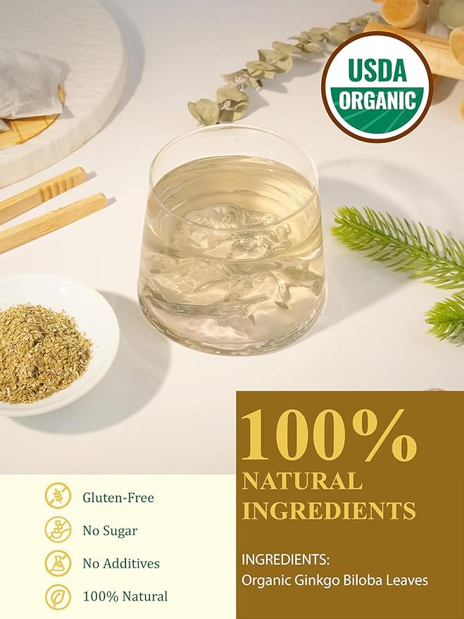 GLDNT Organic Ginkgo Biloba Tea, Dried Ginkgo Biloba Leaves, Mild & Smooth Flavor, Caffeine Free, 100 Count