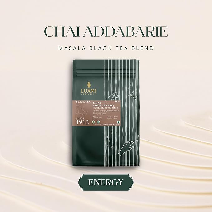 Luxmi Estates - Chai Adda-Bari - Organic Masala Chai Tea - 50 Tea Bags | Authnetic Indian Strong, Robust & Aromatic Masala Chai | Brew Hot, Iced or Make a Chai Tea Latte