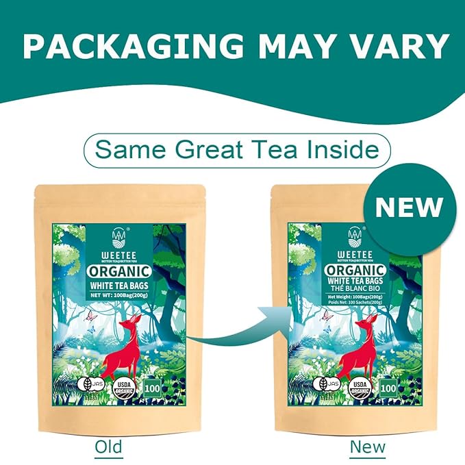 WT WEETEE Organic White Tea Bags, Organic Pure White Tea 100 Count, Mellow & Smooth, Perfect for Hot or Iced Tea