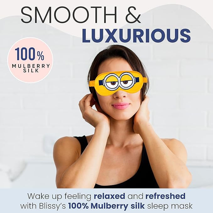 Blissy Silk Sleep Mask - Silk Eye Sleeping Mask for Women & Men for Total Blackout - 100% Pure Mulberry Silk, 22 Momme 6a Fibers - Blindfold Silk Sleep Mask Side Sleeper Eye Cover (Minion)