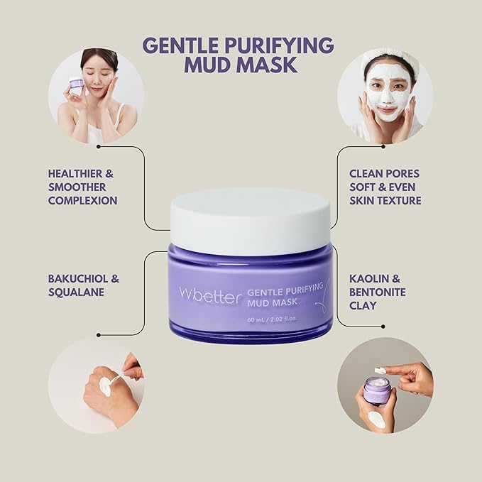Gentle Purifying Mud Mask - Bentonite and Kaolin Clay Mask for Blackheads and Pores - Mineral Detox Korean Skincare for Glowing and Balanced Skin - For All Skin Types - 2.02 Ounces