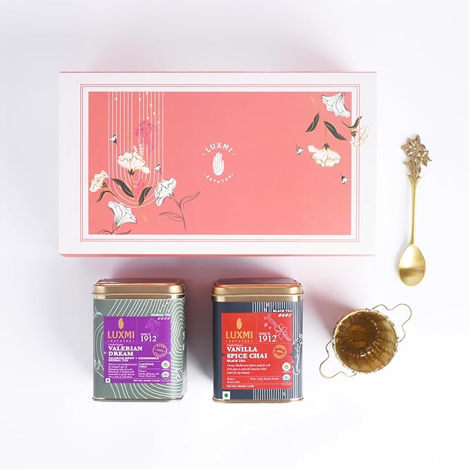 Luxmi Estates - Sleep Tea Set - 2 x 100g Tins of Valerian Dream and Vanilla Spice Chai + 1pc of Spoon and 1pc of Infuser