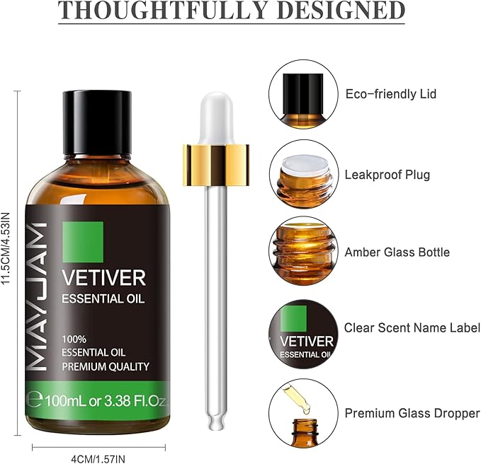 Premium Grade Vetiver Essential Oil - 100ML/3.38FL.OZ for Diffuser, Aromatherapy Oils for Candles, Soaps