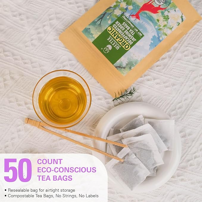 Organic Decaf Jasmine Tea Bags, Decaffeinated Green Tea Infused with Jasmine Aroma, Refreshing & Relaxing, Tagless, Sugar Free