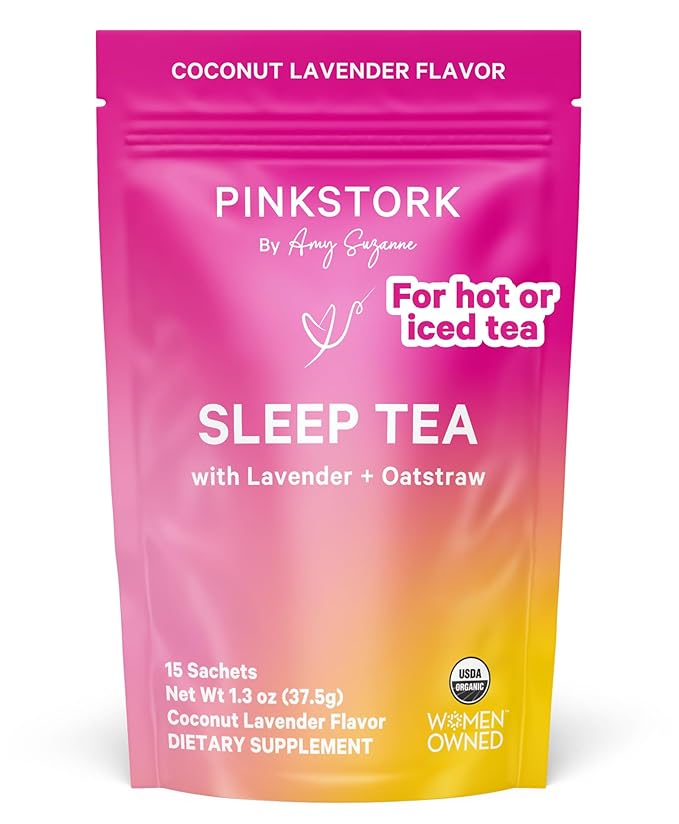 Pink Stork Organic Sleep Tea - Melatonin-Free - Calming Lavender Coconut Herbal Tea to Naturally Support Sleep - Pregnancy Friendly Bedtime Tea, Caffeine-Free - 15 Sachets, Hot or Iced