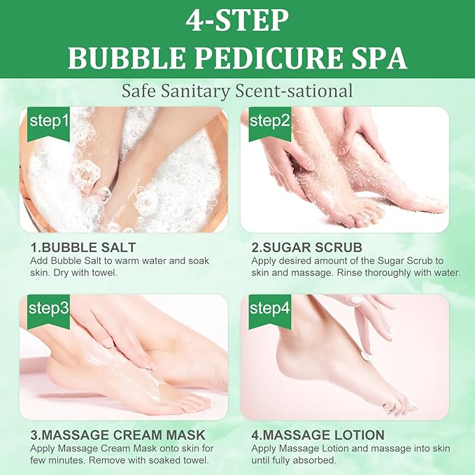 Pedicure Kit Foot Soak Set: Bubble Salt, Sugar Scrub, Massage Mask, Massage Lotion in a Box, 4 Step Foot Spa Kit for Dry Feet,Tired Feet（3 Set Eucalyptus)