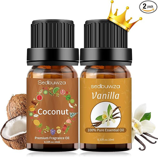 Sedbuwza Vanilla Coconut Essential Oil Set, Vanilla Fragrance Oil Coconut Scent Oil Set for Diffuser, Aromatherapy, Massage, Soap, Candle Making 2 x 10 ml