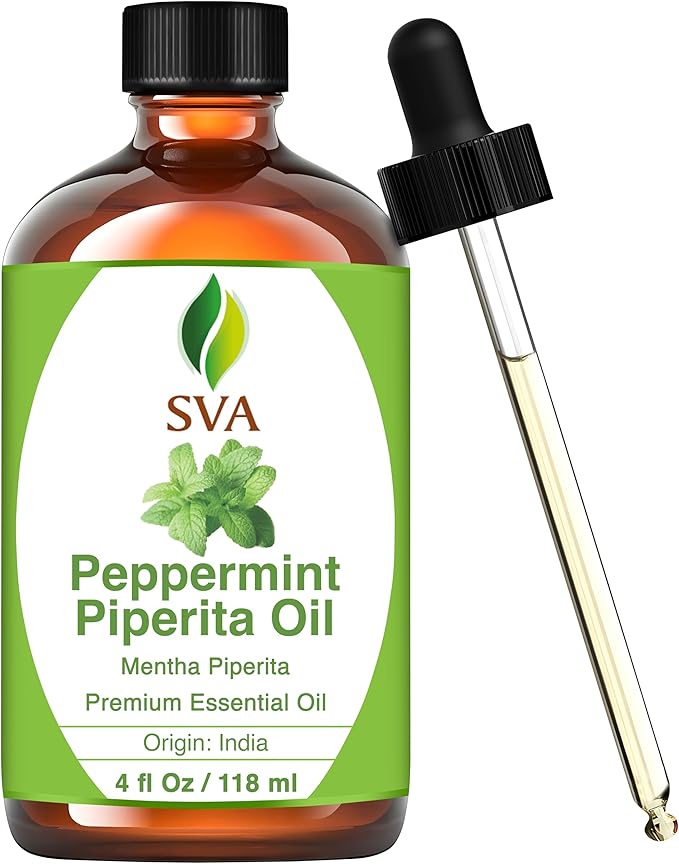 SVA Peppermint Piperita Essential Oil – 4 Fl Oz – 100% Natural Piperita Oil - for Diffuser, Hair Care, Face, Skin Care, Aromatherapy, Scalp and Body Massage, Soap and Candle Making - with Dropper