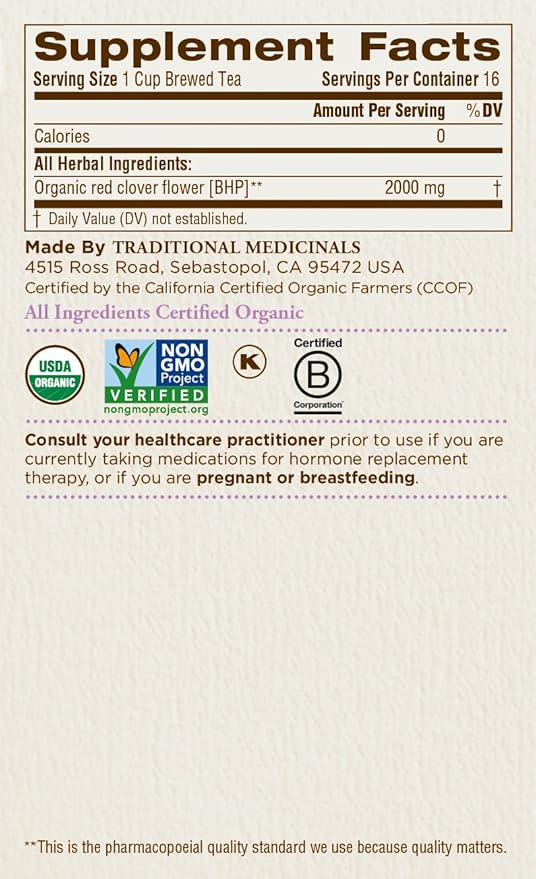 Traditional Medicinals Organic Red Clover, Caffeine Free, 16 Wrapped Tea Bags, 1.13 oz (32 g)