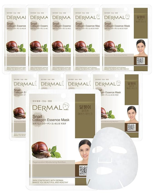 DERMAL Snail Collagen Essence Facial Mask Sheet 23g Pack of 10 - Skin Regenerating & Trouble Care for Acne Prone Skin, Daily Skin Treatment Solution Sheet Mask