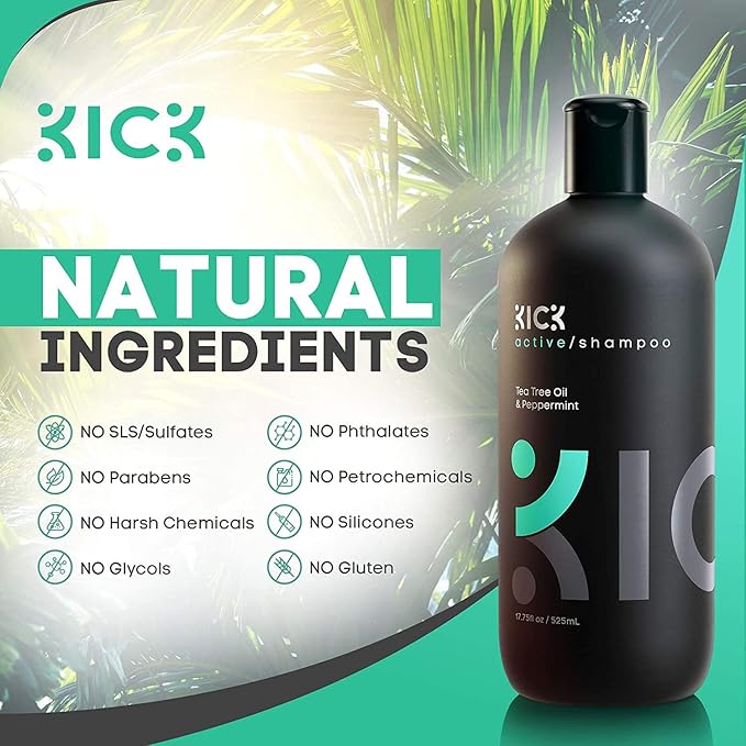 Kick Mens Shampoo - Peppermint & Tea Tree for Oil Control - Sulfate-Free, Refreshing Formula - Anti-Dandruff and Scalp Soothing - Shampoo for Oily Hair - Cruelty-Free - 17oz