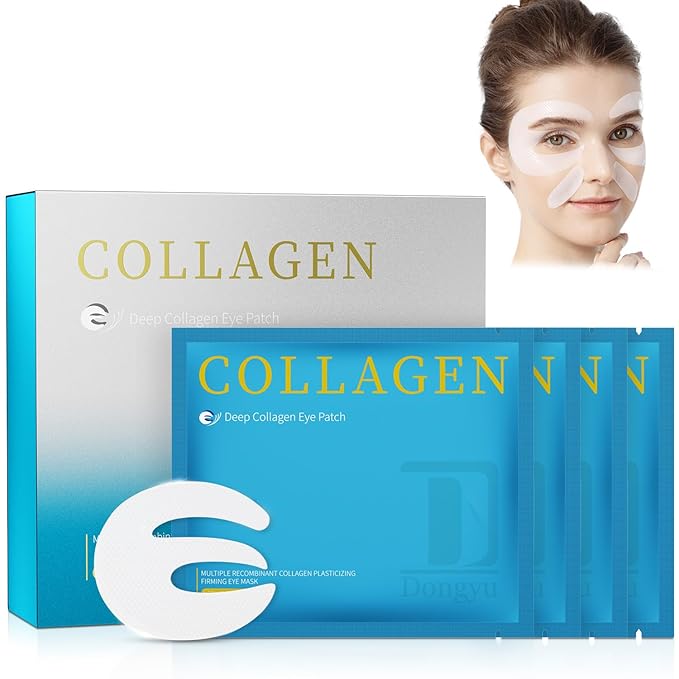 Dongyu Collagen Under Eye Patches: Deep Real Collagen Overnight Eye Gels Mask With Caffeine Peptides Niacinamide - Dark Circles Puffiness Wrinkles Improvement - Neck Smile Line Pads - 8 Pairs