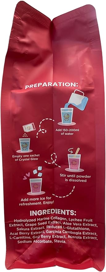 Crystal Glow Hydrolyzed Marine Collagen Mix with Glutathione & Lychee Extract, 10 Sachets