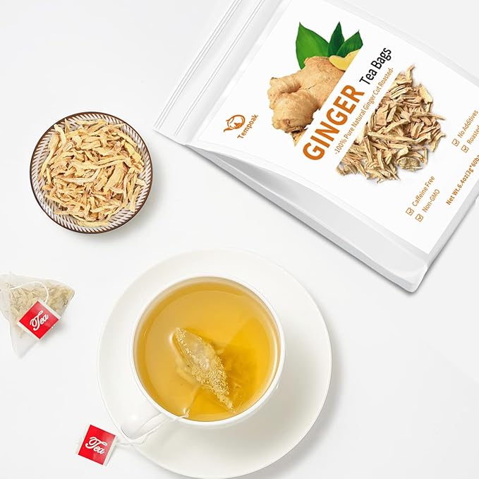 Dried Ginger Root Tea Bags - 60bags/6.4 OZ 100% Pure & Natural Roasted Ginger Herbal Tea, Caffeine Free, No Additives, No Sugar, Non-GMO, No Gluten
