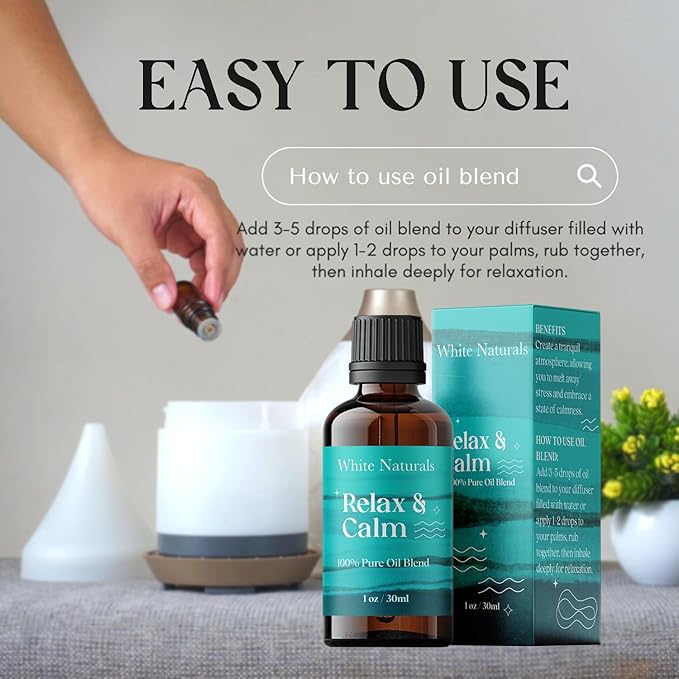 White Naturals Relax & Calm Essential Oil Blend – Soothing Aromatherapy Blend for Tranquility, 100% Pure & Natural, Perfect for Diffuser & Self-Care, 1oz