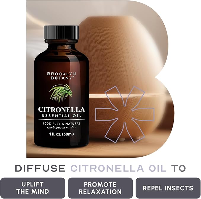 Brooklyn Botany Citronella Essential Oil – 100% Pure and Natural – Premium Grade Oil with Dropper - for Aromatherapy and Diffuser - 1 Fl Oz
