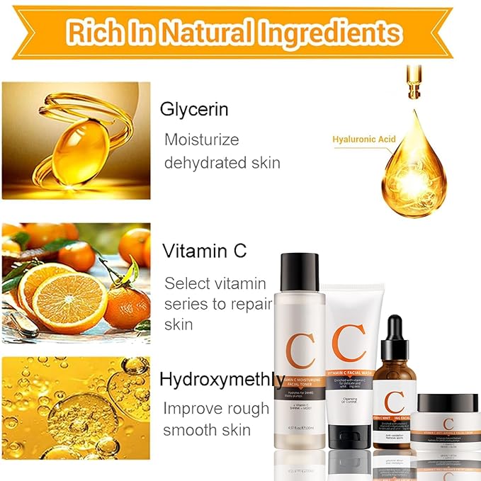 Vitamin C Skin Care Sets & Kits, Skincare Gift Set for Teenage Girls, Women Beauty Gift Sets Skin Care Kit with Cleanser,Toner,Serum,Face Cream, Long Lasting Moisturizing Skincare Set for Women Girls
