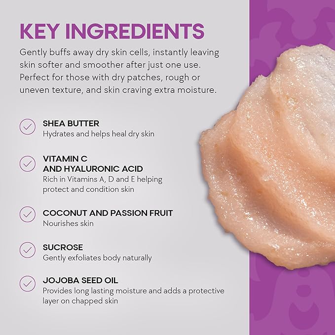 Dermasuri Exfoliating Sugar Scrub - Body Scrubber for Men & Women - Exfoliates & Removes Dead & Dry Skin for a Soft & Radiant Glow - Deep Hydration & Moisture - Coconut Passion Fruit