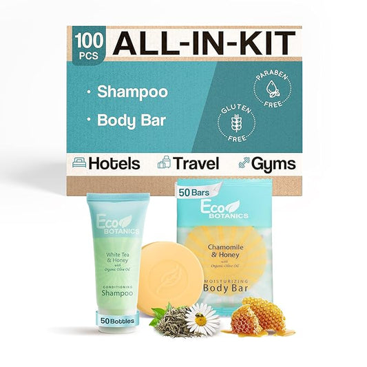 Eco Botanics Hotel Soaps & Toiletries Bulk Set | 1-Shoppe Amenities Kit for Hotels & Vacation Rentals | 0.85 oz Conditioning Shampoo & 0.89 oz Bar Soap | 100 Pieces
