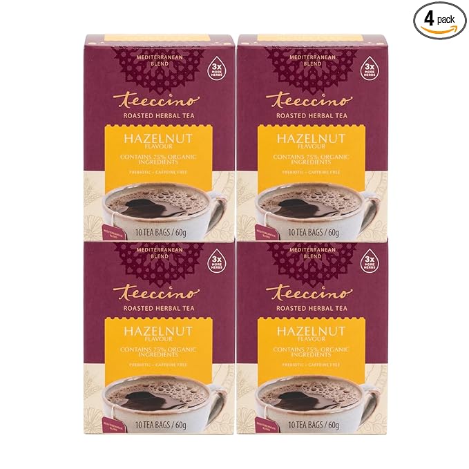 Teeccino Hazelnut Herbal Tea - Rich & Roasted Herbal Tea That’s Caffeine Free & Prebiotic for Natural Energy, 10 Tea Bags (Pack of 4)