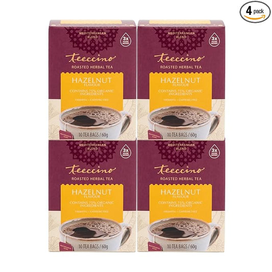 Teeccino Hazelnut Herbal Tea - Rich & Roasted Herbal Tea That’s Caffeine Free & Prebiotic for Natural Energy, 10 Tea Bags (Pack of 4)