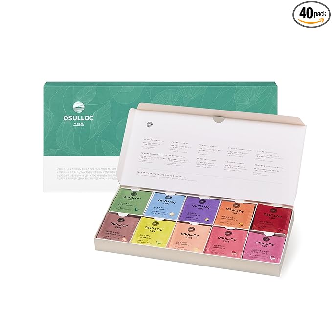 OSULLOC Premium Tea Collection (40 count, 10 flavors x 4 ea), Assorted Tea bag Sampler, Premium Organic Pure & Blended Self Care Gift Set box from Jeju for Tea lovers