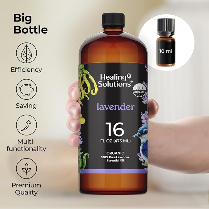 Healing Solutions Organic Lavender Essential Oil Bulk, 16oz - Lavender Essential Oil Large Bottle for Skin, Cleaning & More - Aromatherapy Diffuser Oil - Lavender Oil Spray - Lavender Oil for Cleaning