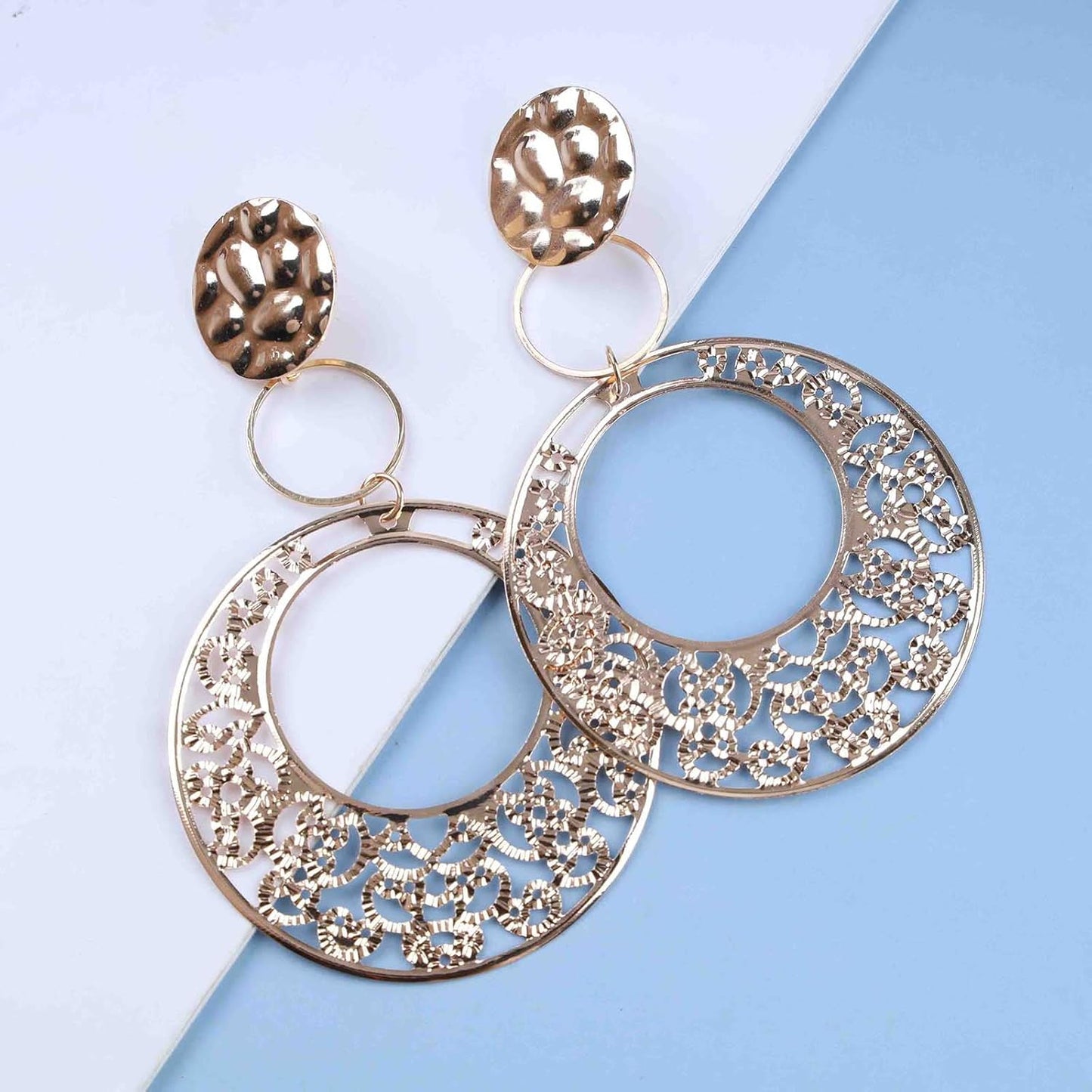 Boho Large Filigree Disc Dangle Earrings Stud Vintage Tribal Ethnic Hollow Carved Earrings Gold Geometric Floral Hoop Drop Earrings Statement Wedding Prom Earrings Jewelry for Women Girls