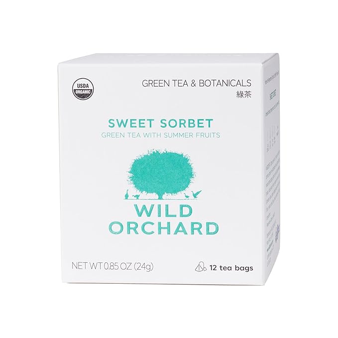 Wild Orchard Regenerative Organic Certified Flavored Green Tea - Sweet Sorbet (12 Tea Bags) - With Juicy Summer Fruits - Regeneratively Cultivated on Jeju Island in South Korea
