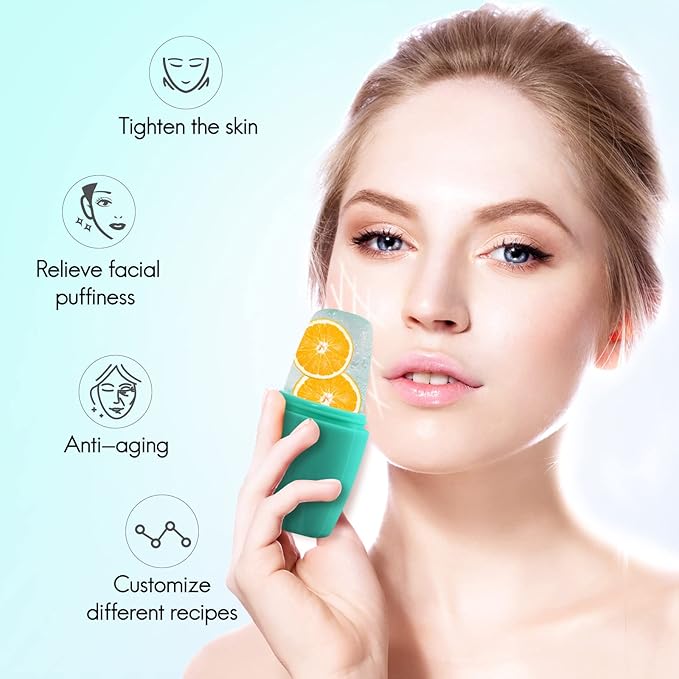 Ice Roller for Face, Qewro Silicone for Tone skin, Reusable Eye Puffiness Relief, Ice Roller Mold for Neck, Facial Roller to Remove Fine Lines Pores Anti Wrinkles (Green)