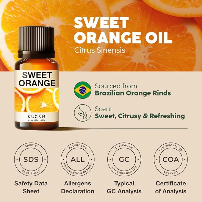 Kukka Sweet Orange Essential Oil for Skin, Diffuser & Aromatherapy - 0.34 Fl Oz - 100% Pure Natural, Fresh Scent, for Candle & Soap Making Scent DIY