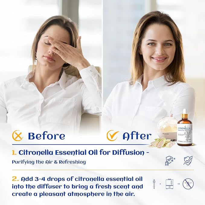 HIQILI 100ML Citronella Oil for Homemade Sprays, Add to Diffuser, 100% Pure and Natural Undiluted 3.38 Fl Oz