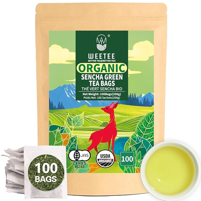 WT WEETEE Organic Sencha Green Tea Bags, Organic Steamed Green Tea 100 Count, Natural Caffeine & Antioxidant, Good for Hot Iced Cold