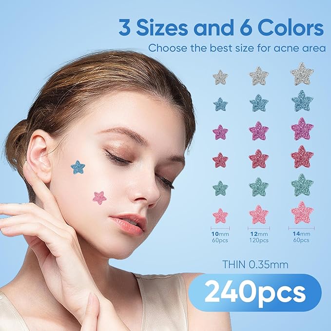 Pimple Patches for Face, Hydrocolloid Acne Patches, Sparkling Star Zit Covers, Colorful Spot Stickers with Tea Tree, Salicylic Acid & Cica Oil| 3 Sizes (10mm, 12mm & 14mm) |240 Count