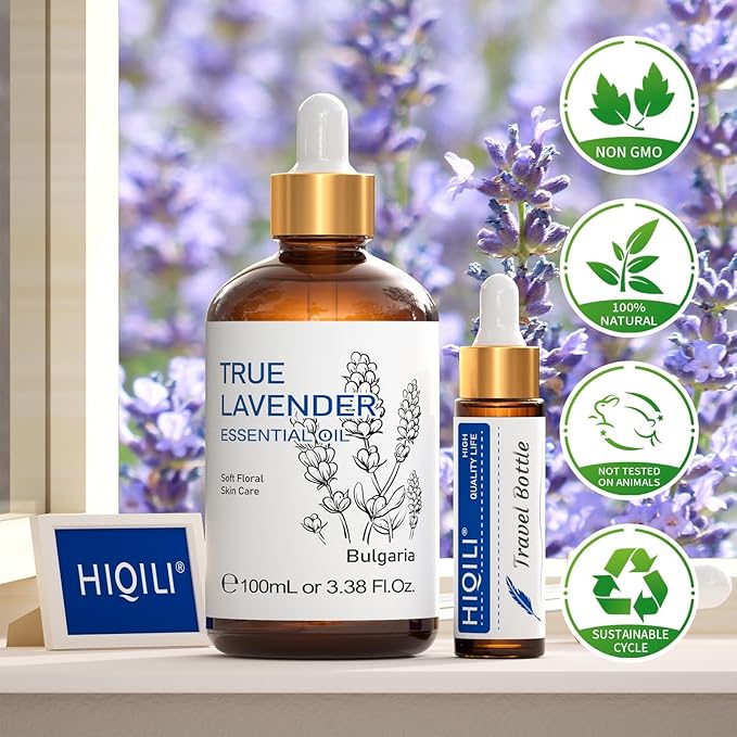 HIQILI Lavender Essential Oil - 100% Pure Undiluted, for Aromatherapy Diffuser at Room & Office, Relax Mind and Better Sleep, Therapeutic Grade | 100ML with Glass Dropper