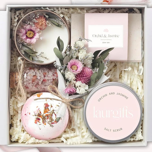 Orchid & Jasmine Spa Gift Baskets for Women – Luxury Birthday Bath Gifts for Mom, Wife, Sister, Friend - Self-Care and Relaxation Mother’s Day Gifts - Gift Baskets for Her for All Occasions