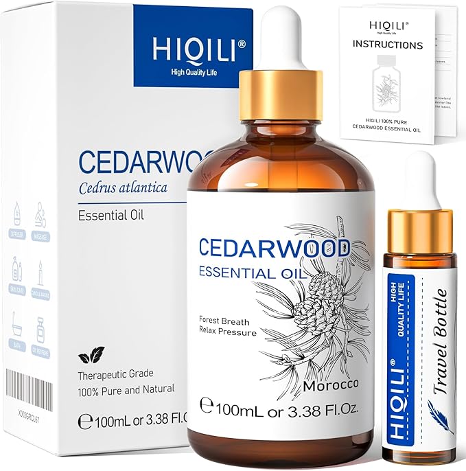 HIQILI Cedarwood Essential Oil (3.38 Fl Oz), 100% Natural Therapeutic Grade, Premium Glass Dropper, for Hair & Skin Care, Soap Making, Add to Diffusers, Sprays