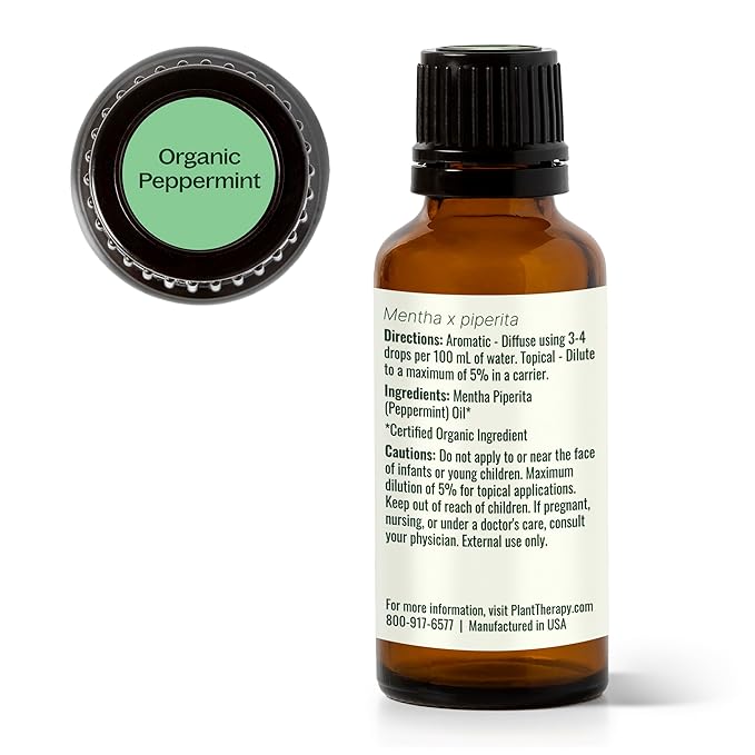 Plant Therapy Organic Peppermint Essential Oil 100% Pure, USDA Certified Organic, Undiluted, Natural Aromatherapy, for Diffusion, Skin, Hair, Therapeutic Grade 30 mL (1 oz)