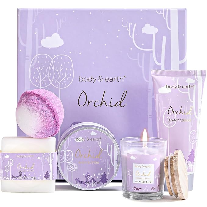 Spa Gifts for Women, Body & Earth 5 Pcs Gifts for Women Orchid Gift Sets, Bath and Body Womens Bath Gifts, Mothers Day Gift for Mom