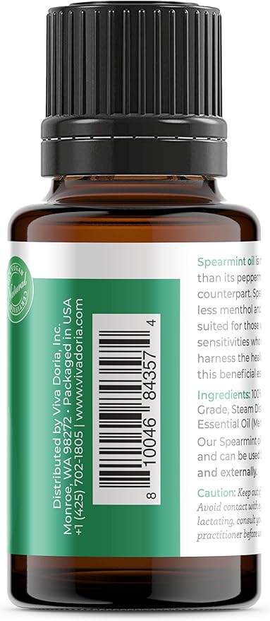 Viva Doria Spearmint Essential Oil, 100% Pure, Natural Spearmint Essential Oil, Undiluted, for Aromatherapy | Food Grade, 15 mL (0.5 Fluid Ounce)