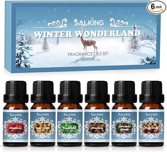 SALKING Winter Set of Scented Oils, Premium Fragrance Essential Oils Gift Set for Diffuser, Soap & Candle Making Scents - Cinnamon, Christmas Wreath, Sugar Cookie, Cranberry, Peppermint, Gingerbread