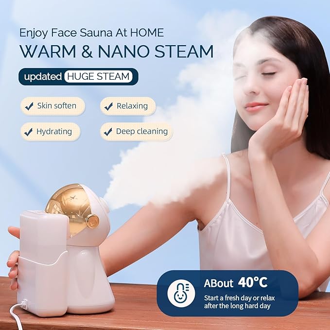 Facial Steamer,with 7 Colors Led Light,Face Steamer for Facial Deep Cleaning,Warm Mist Nano Ionic Steamer for face,Steam Humidifier,Facial Steamers Home Facial spa, Gift for Women（Gold with Light）