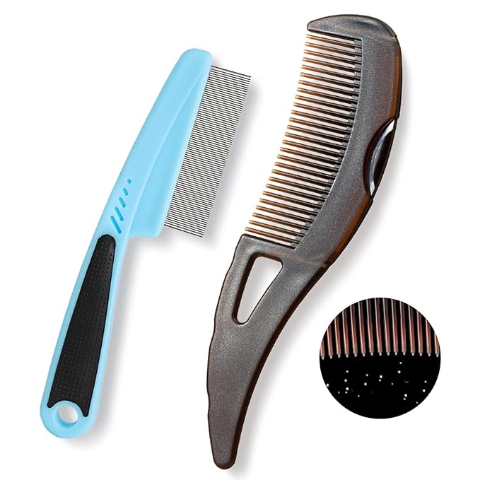 Dandruff Comb, Stainless Steel Fine Tooth Lice/Flea/Psoriasis Comb, Scalp Oil Buildup Removal Wide Hollow Tooth Button Hairbrush for Scalp Massage Care for Man Women and Kids, Set of 2 (Blue)