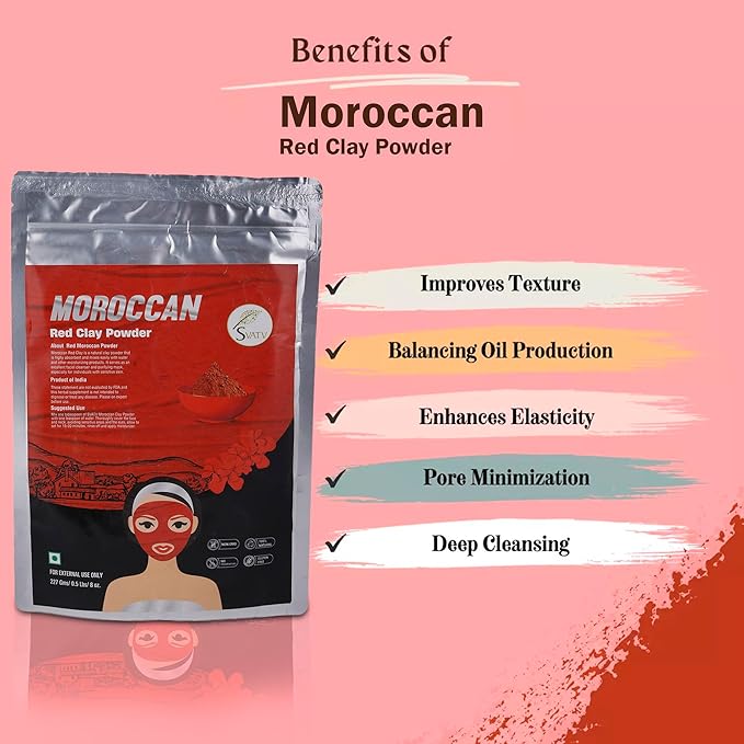 SVATV Red Moroccan Clay Powder | Red Clay | Skin care| Hair Mask | Face Scrub | Skin Care Detox -227 Gram, Half Pound, 8 Ounce