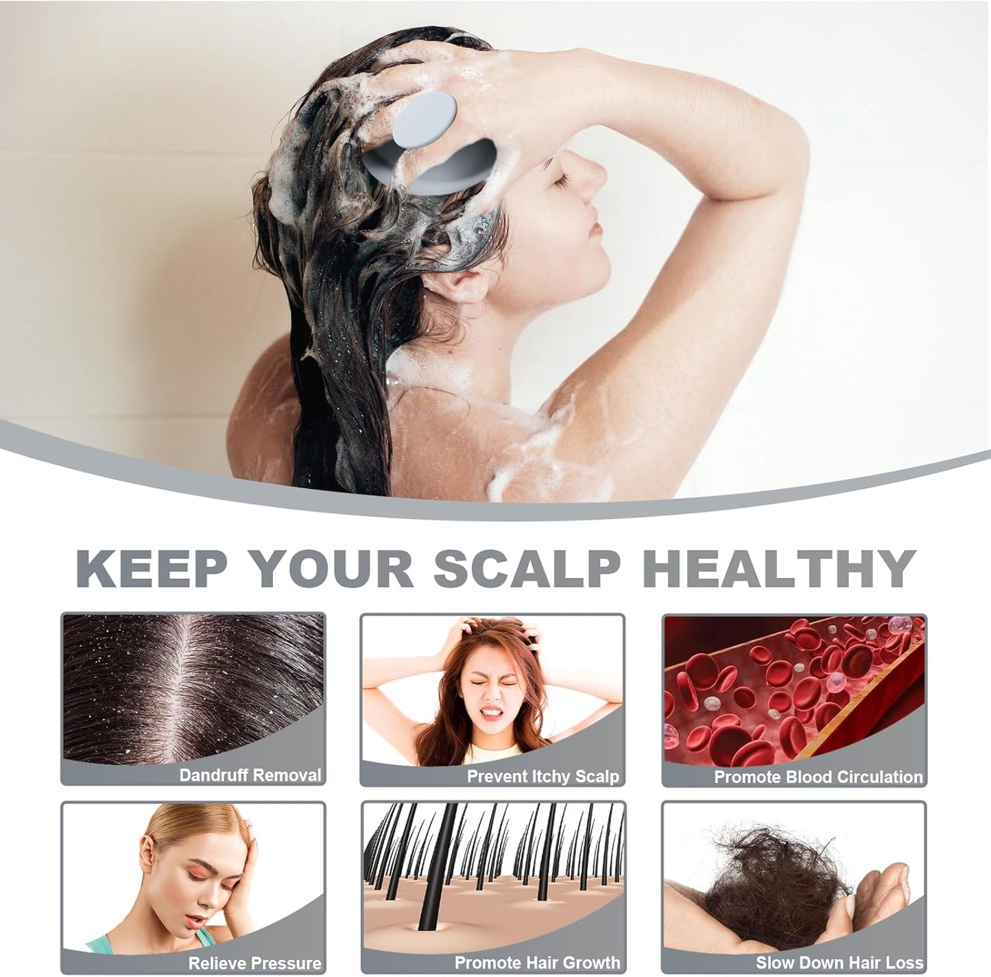 Silicone Scalp Massager, Scalp Scrubber for Hair Growth with Soft Bristles, Scalp Exfoliator Brush Dandruff Removal Shampoo Brush for Wet Dry Scalp Care (Grey)