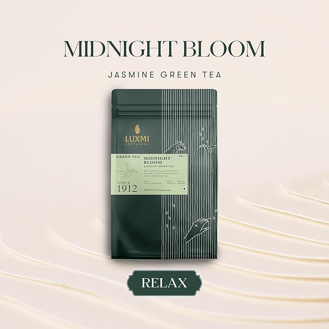 Luxmi Estates - Midnight Bloom - Organic Jasmine Tea - 50 Tea Bags | With Organic Jasmine Buds and Premium Darjeeling Green Tea | Natural Aid to Relieve Stress, Anxiety and Sleep Problems