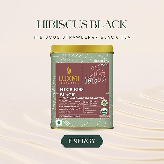 Luxmi Estates - Hibis-Kiss - Organic Hibiscus Tea - Loose Leaf - 100g (50 Cups) | With Hibiscus, Strawberry, Organic Black Tea and Other Natural Extracts | Juicy, Triopical and Fresh
